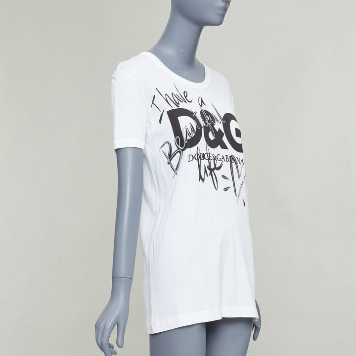 DOLCE GABBANA white cotton Beautiful D&G Life print tshirt IT36 XS