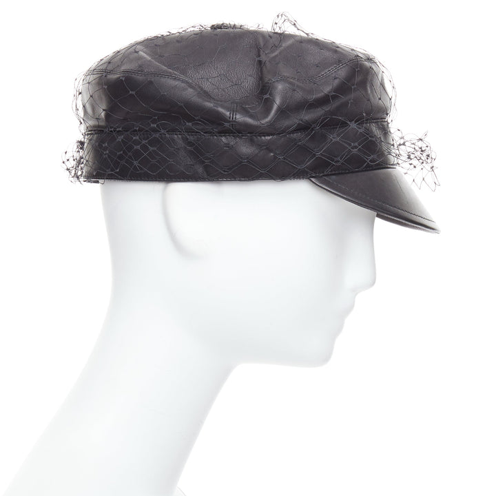 DIOR Arty black soft leather mesh veil CD bee lined newsboy hat