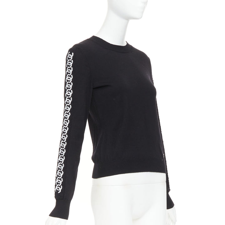 CHANEL 21A black wool sequin CC logo stripe sleeve crewneck pullover FR34 XS