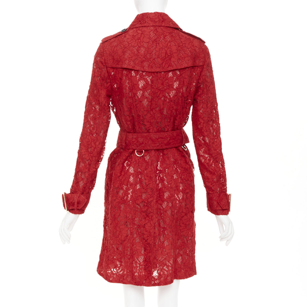 BURBERRY 2016 Kensington red floral lace belted double breasted trench coat
