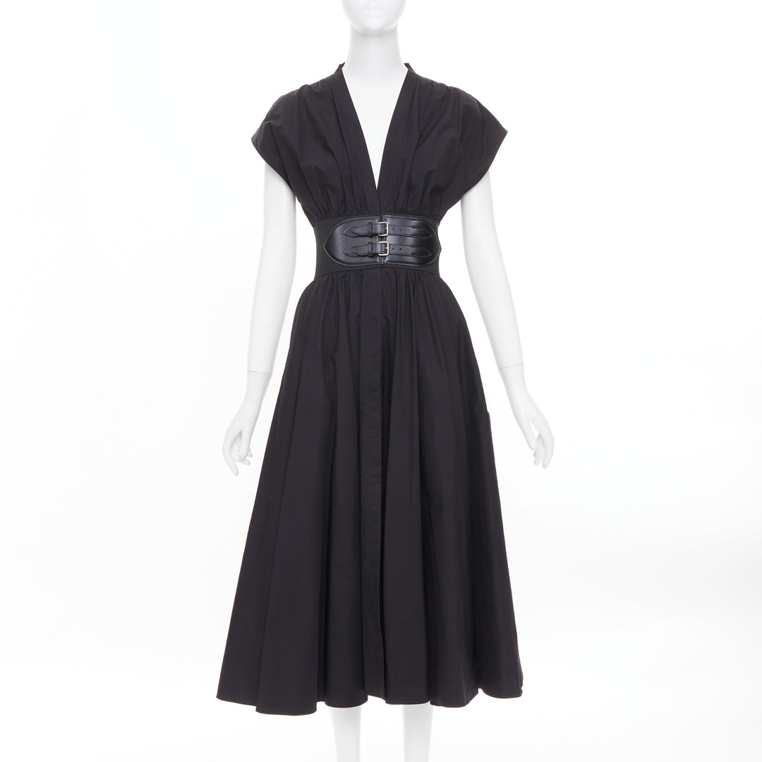 ALAIA 2023 belted leather trimmed black corset poplin casual A-line dress FR36 S