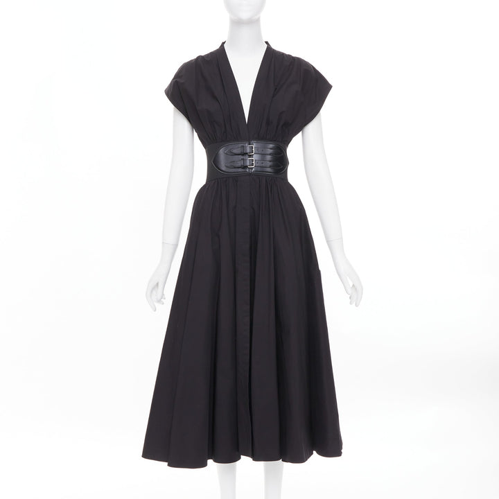 ALAIA 2023 belted leather trimmed black corset poplin casual A-line dress FR36 S