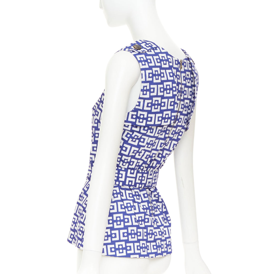 MARNI 2013 blue white cotton geometric print belted peplum V-neck top IT40 S