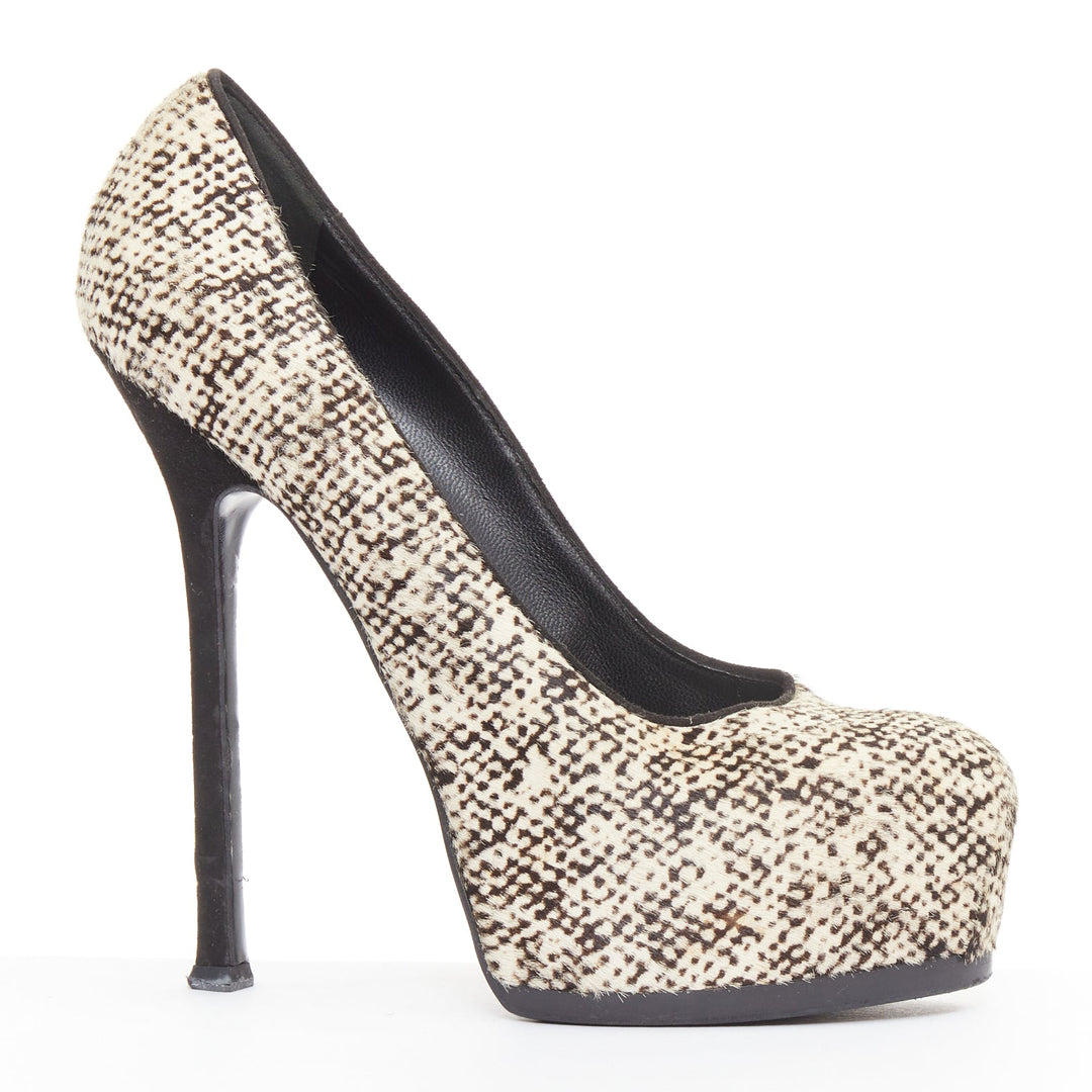 YVES SAINT LAURENT Tribtoo 105 cream black calf hair platform pumps EU39.5