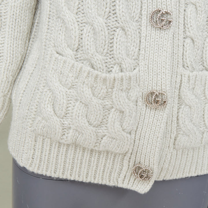 GUCCI 2024 Runway grey lurex metallic cable knit wool cashmere cardigan XS