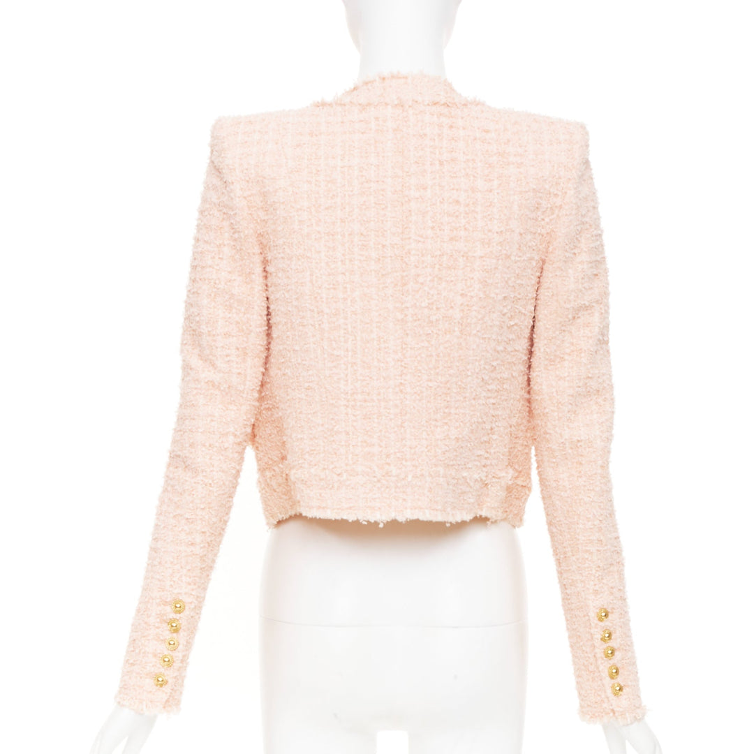 BALMAIN 2023 Pink Collarless Frayed Hem Four Pocket Cropped Tweed jacket FR34 XS