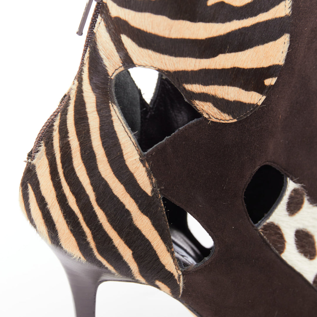 BRIAN ATWOOD Camoscio brown suede calf hair multi animal cut out booties EU38.5