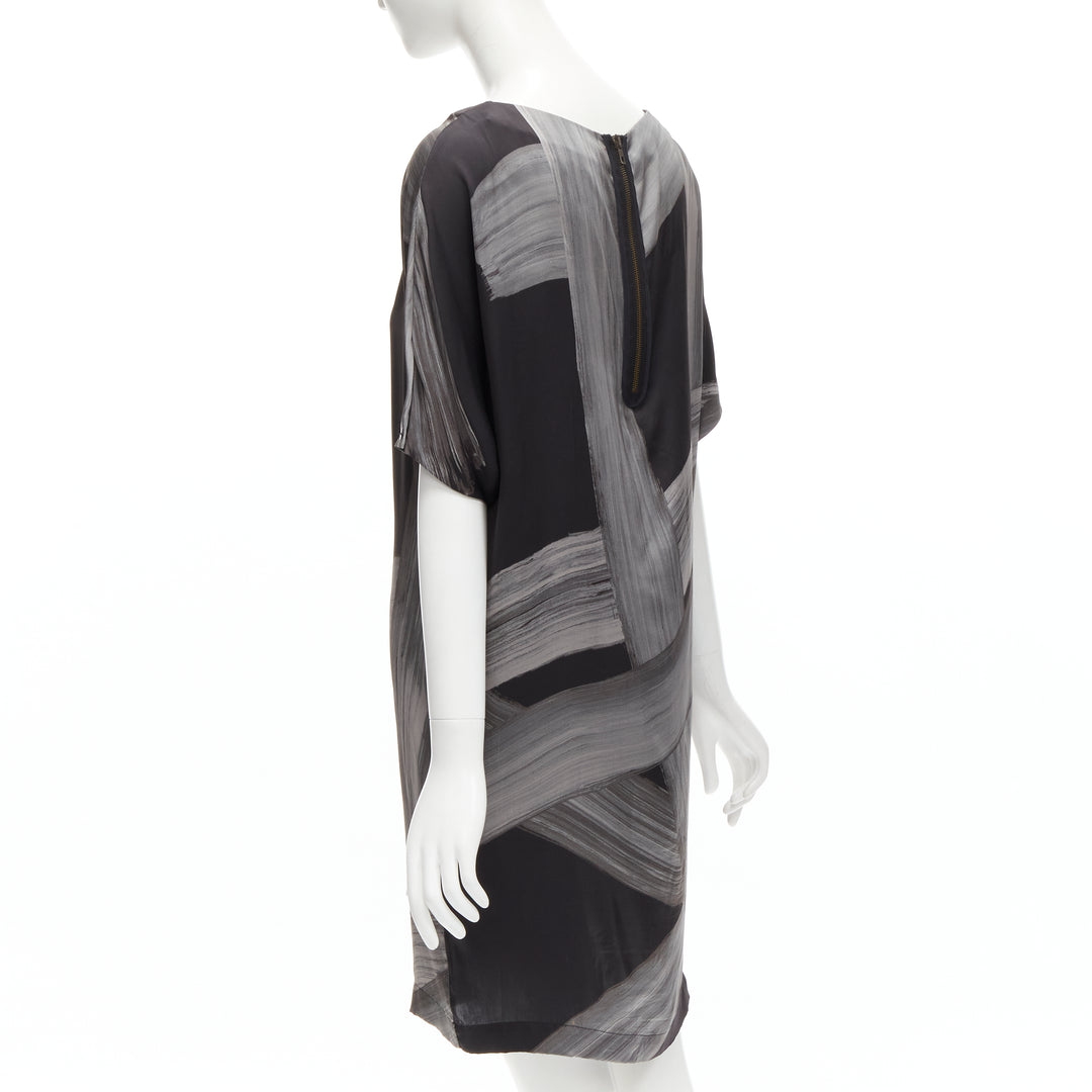 STELLA MCCARTNEY 100% silk black grey brush stroke print bateau dress IT38 XS