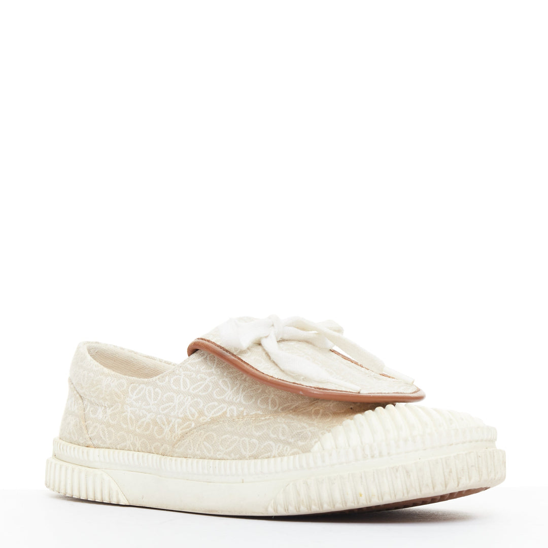 LOEWE Anagram Flap beige white jacquard leather trim sneakers EU37