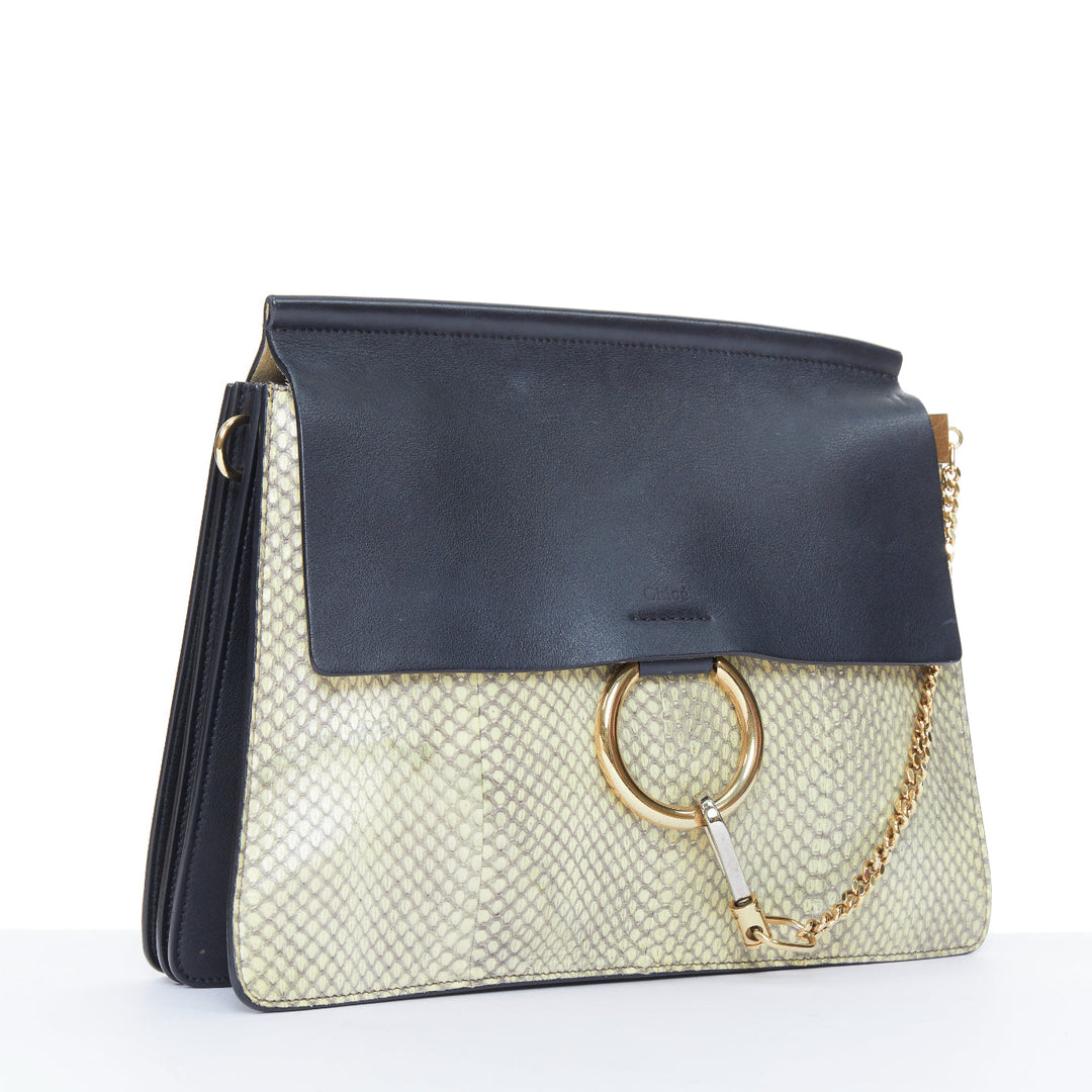 CHLOE Faye Medium beige python black calfskin leather chain flap shoulder bag