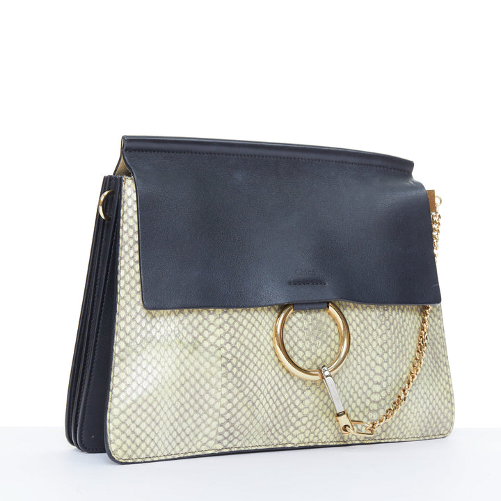 CHLOE Faye Medium beige python black calfskin leather chain flap shoulder bag