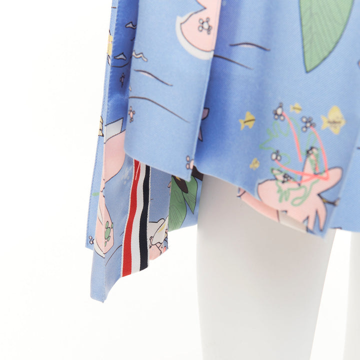 THOM BROWNE blue cartoon beach island pleated side slit raw silk skirt IT38 XS