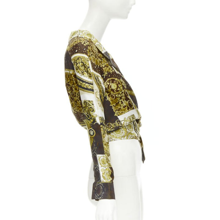VERSACE 2021 Mosaic Barocco 100% silk print wrap tie cropped shirt IT38 XS