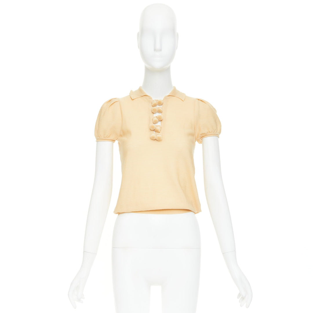 YVES SAINT LAURENT Rive Gauche beige wool pom pom button puff sleeve blouse XS