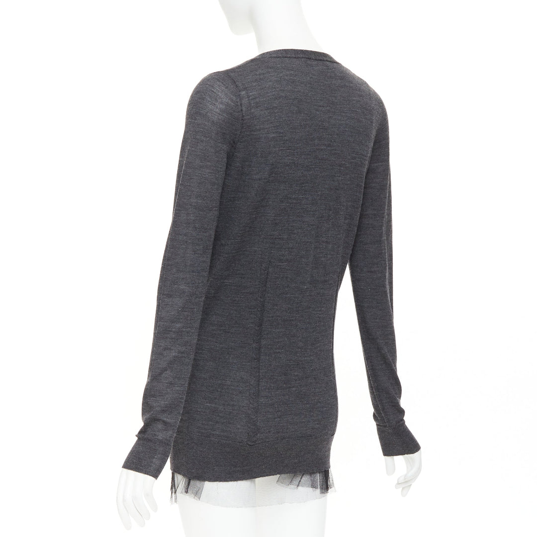 VERA WANG grey wool black tulle lined crystal embellished cardigan sweater
