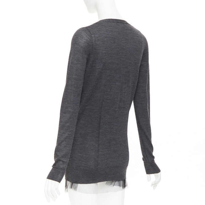 VERA WANG grey wool black tulle lined crystal embellished cardigan sweater