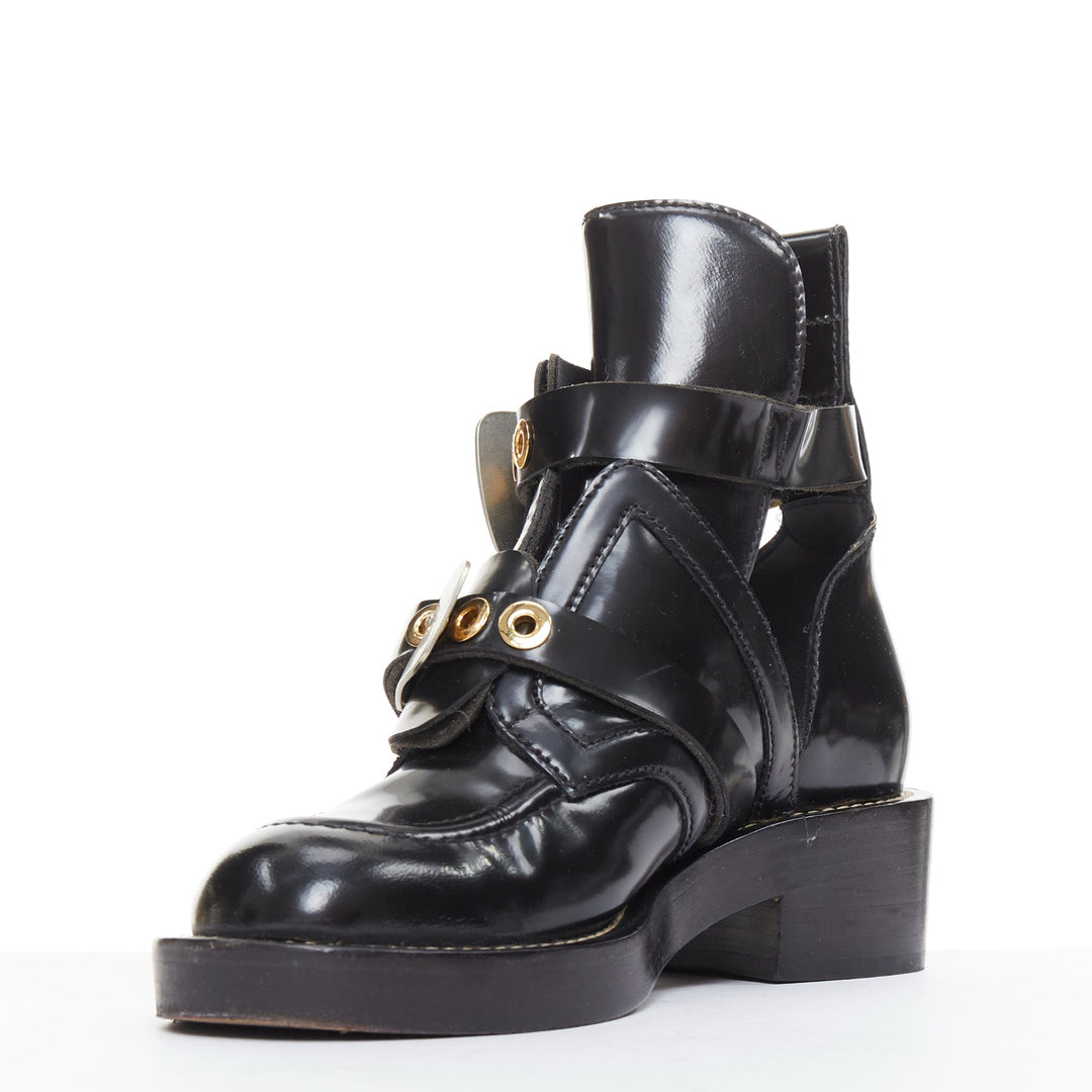 BALENCIAGA Ceinture black mixed metal hardware black cut out moto boots EU35.5