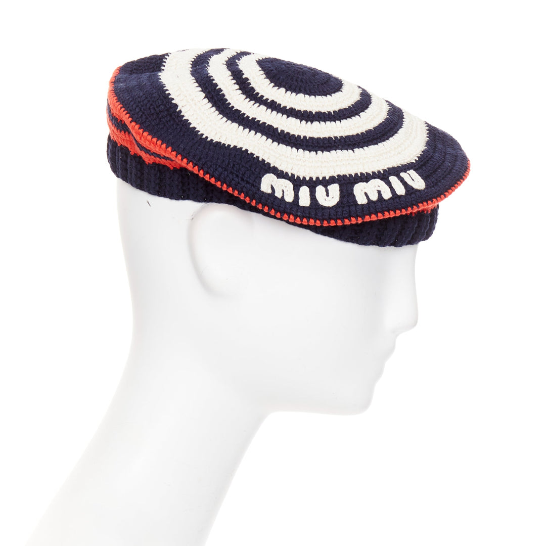 MIU MIU 2024 navy red white logo applique striped crochet knit beret hat M