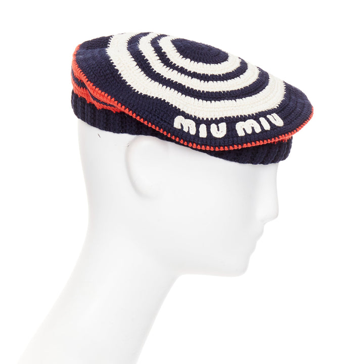 MIU MIU 2024 navy red white logo applique striped crochet knit beret hat M