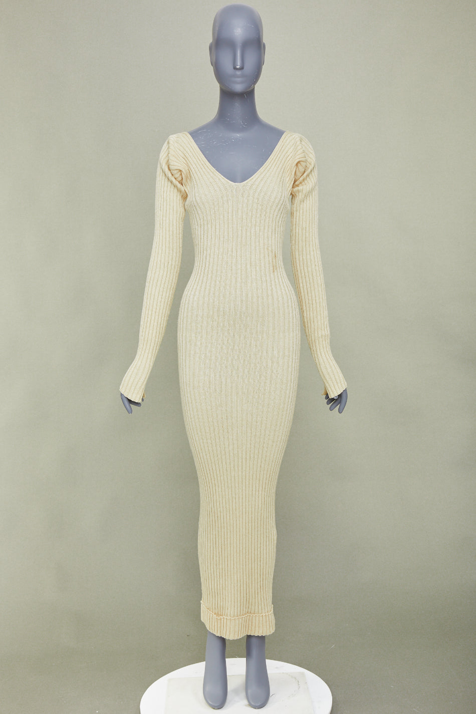 CELINE Phoebe Philo 2015 Runway cream beige ribbed knit off shoulder dress M