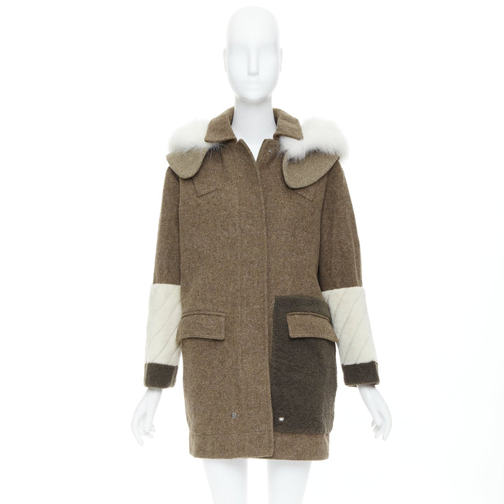 FENDI colorblocked brown wool patchwork fur hooded parka coat IT38 XS