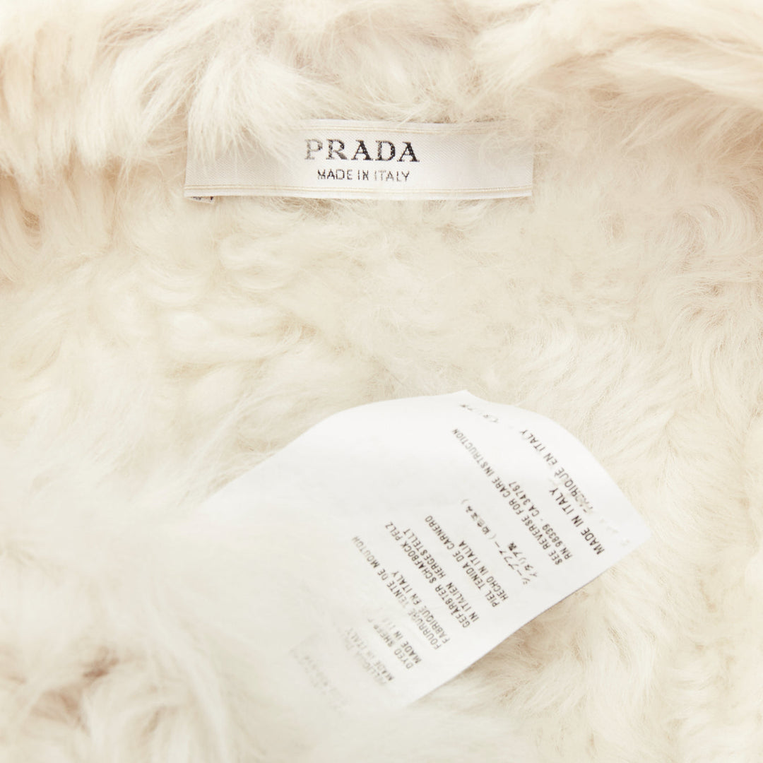 PRADA 2009 Vintage cream sheep fur black leather crystal buttons coat IT36 XXS