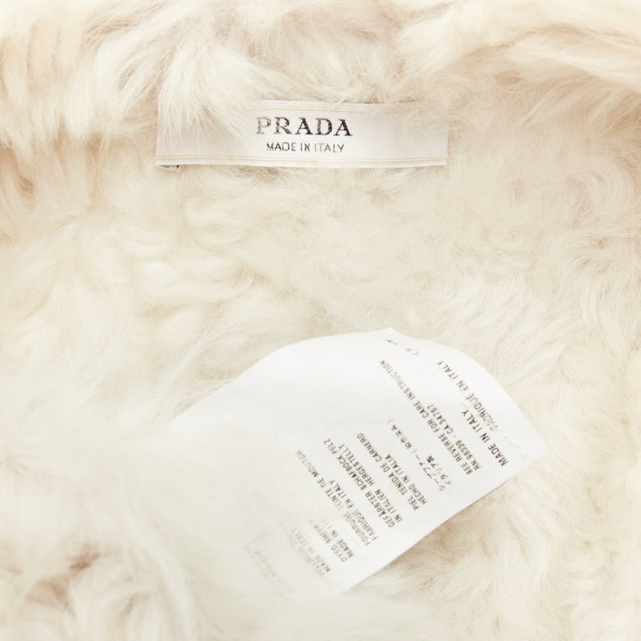 PRADA 2009 Vintage cream sheep fur black leather crystal buttons coat IT36 XXS