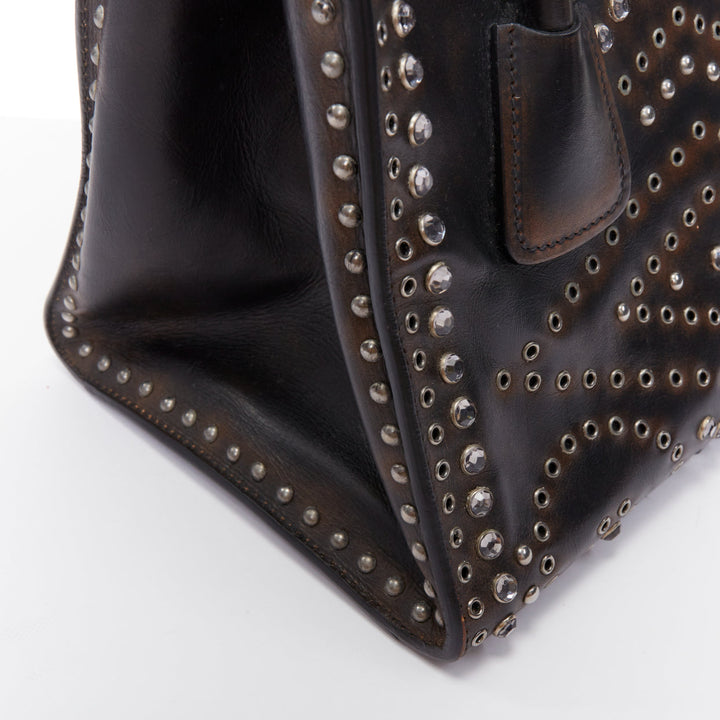 rare PRADA Vitello Vintage Twin Pocket brown aged leather crystal grommet bag