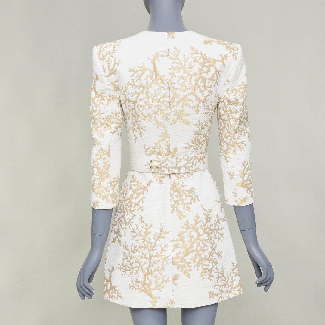 ANDREW GN 2022 Runway Coral Jacquard white gold belted cocktail dress FR34 XXS