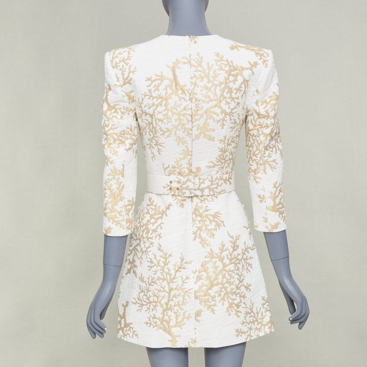 ANDREW GN 2022 Runway Coral Jacquard white gold belted cocktail dress FR34 XXS