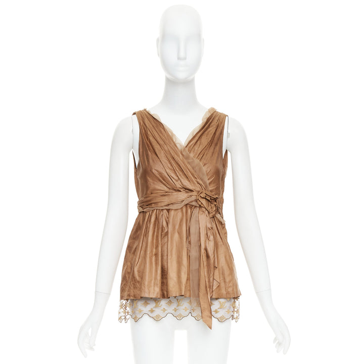 LOUIS VUITTON Marc Jacobs bronze monogram silk lace rosette wrap top FR38 M