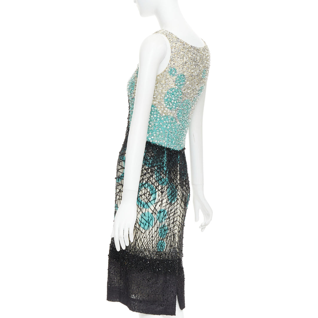 CAROLINA HERRERA teal green cream black silk fully beaded crystal dress US2 S