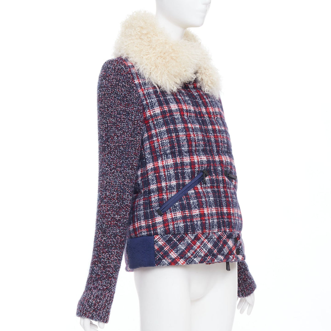 MONCLER GRENOBLE Runway Soleil red blue tweed fur collar down puffer Sz.0 XS