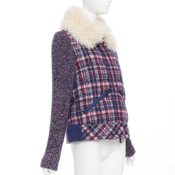 MONCLER GRENOBLE Runway Soleil red blue tweed fur collar down puffer Sz.0 XS