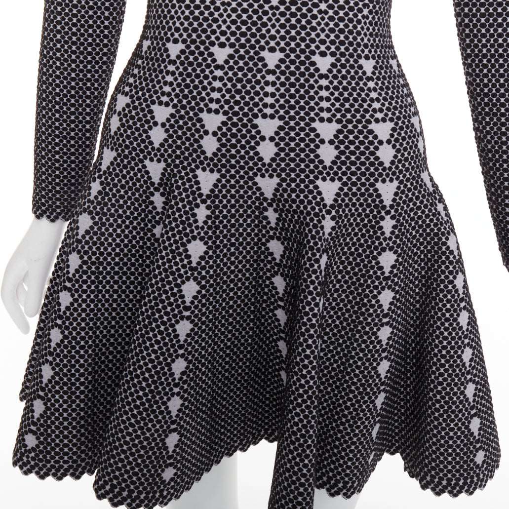 ALAIA black grey virgin wool blend dot graphic skater fit flared dress FR36 S