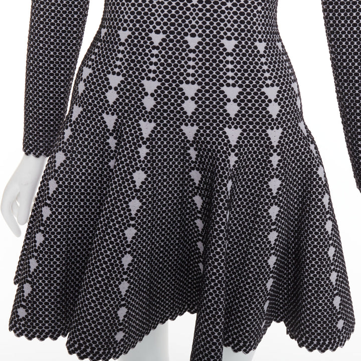 ALAIA black grey virgin wool blend dot graphic skater fit flared dress FR36 S