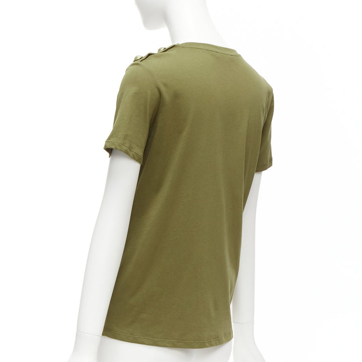 BALMAIN green brown distressed logo military buttons tshirt XS