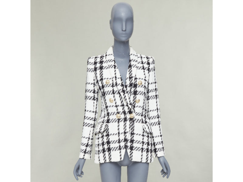 BALMAIN checked black white cotton tweed double breasted blazer jacket FR36 S