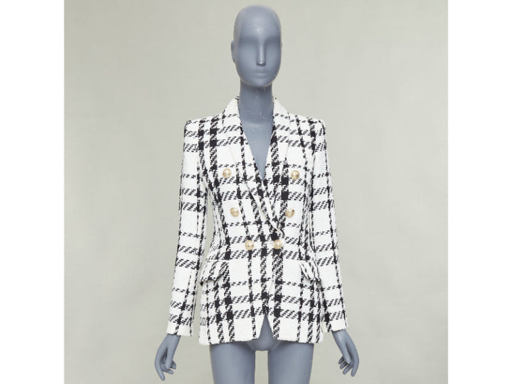 BALMAIN checked black white cotton tweed double breasted blazer jacket FR36 S
