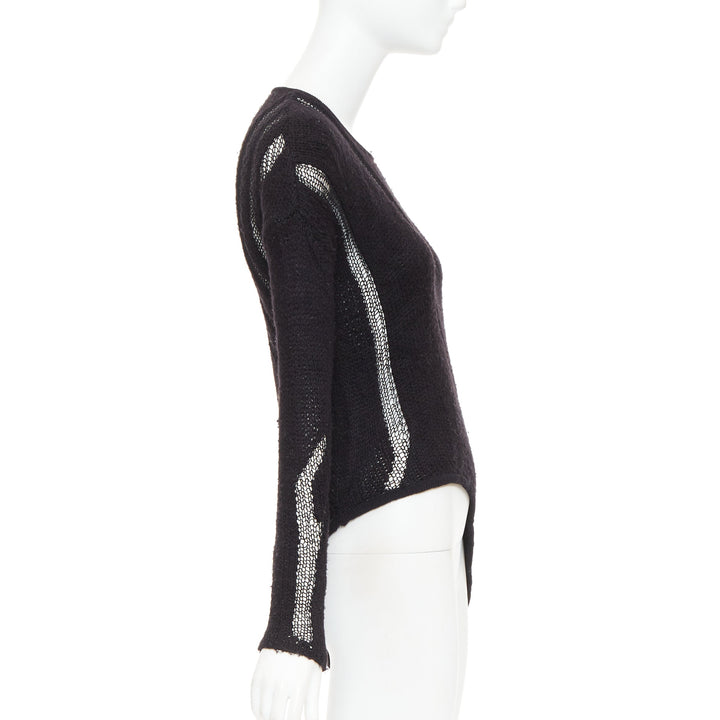 HELMUT LANG black graphic sheer lattice knit asymmetric hem knitted sweater P XS
