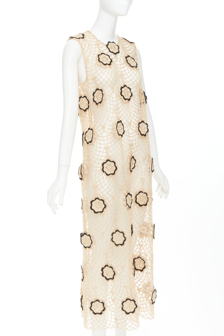 BEAUFILLE Zelle beige black braided jute black floral applique macrame dress L