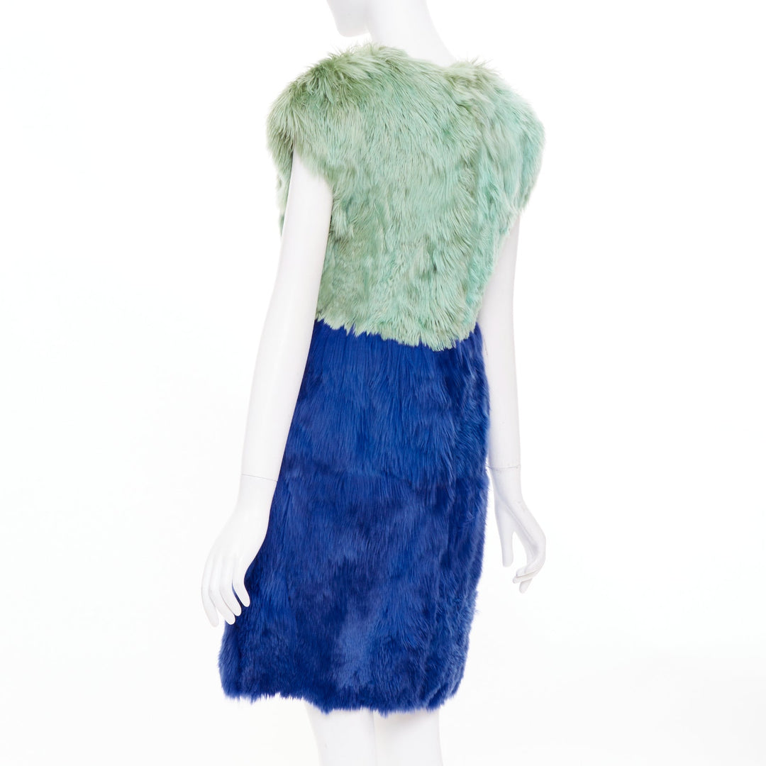 DOLCE GABBANA 2014 Runway colorblock green navy blue alpaca fur dress IT40 S