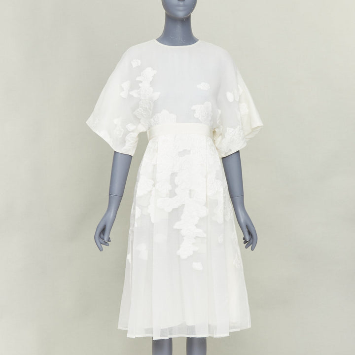 GIAMBATTISTA VALLI ivory cotton silk  floral cloque pleated midi dress IT40 XS