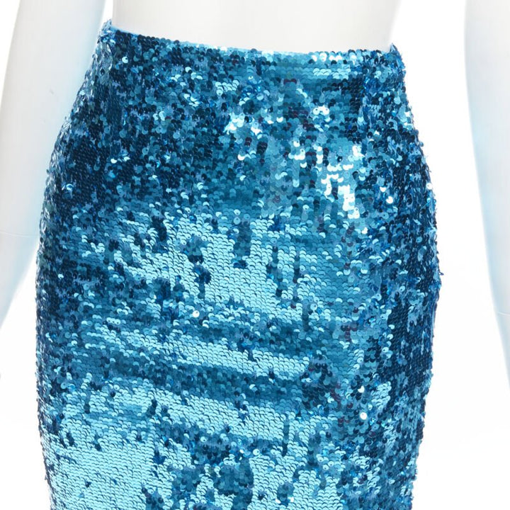 ALICE OLIVIA blue bling sequins side zip disco party pencil skirt US0 XS