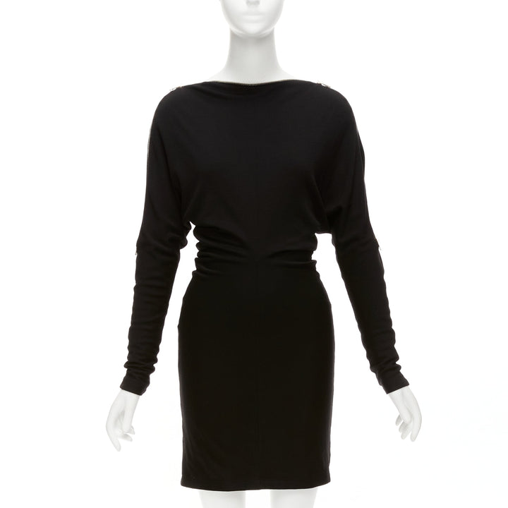 ALEXANDER WANG black 100% virgin wool zip shoulder collar batwing dress US0 XS