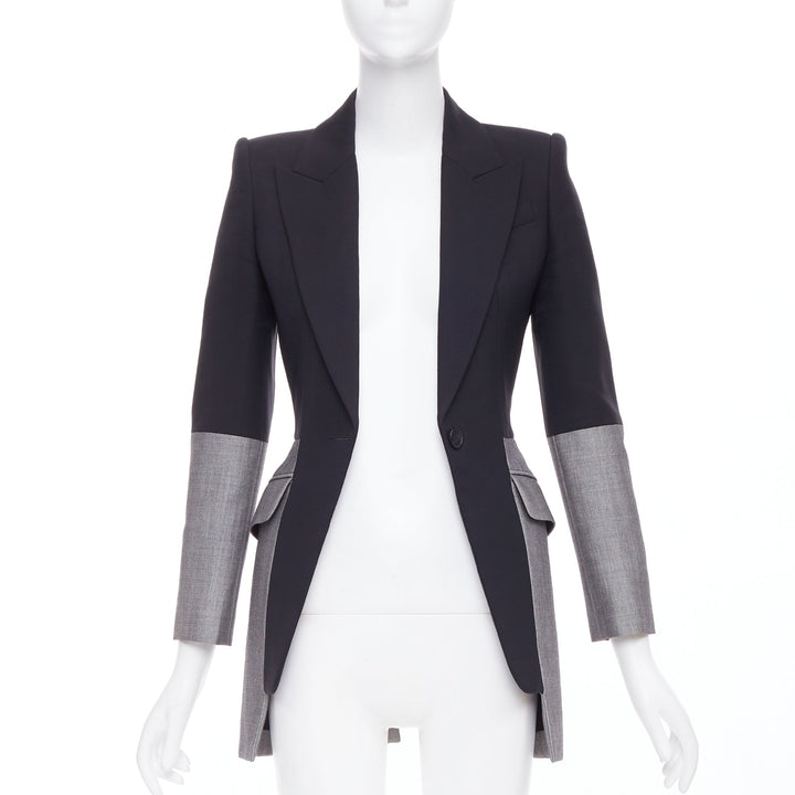 ALEXANDER MCQUEEN 2019 Runway wool silk black grey deconstructed blazer IT36 XXS