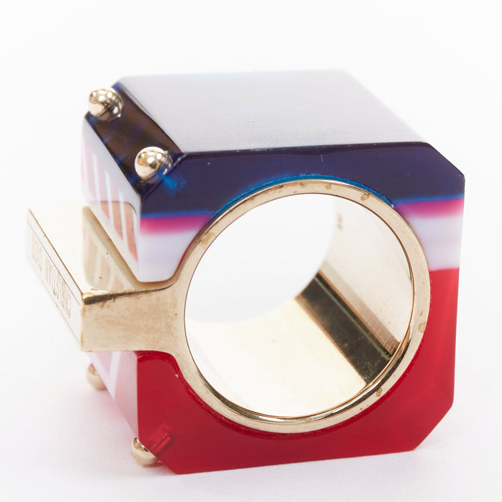 DIOR 2922 Sorbet Cube red blue geometric resin gold logo statement ring US6.5