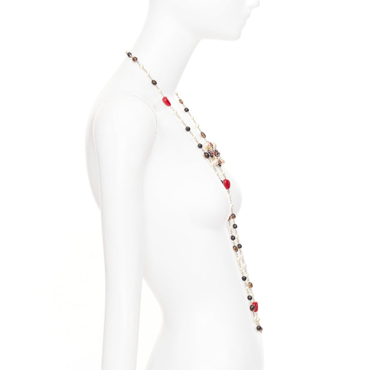 CHANEL A14C black red gripoix enamel Maltese cross CC pearl sautoir necklace