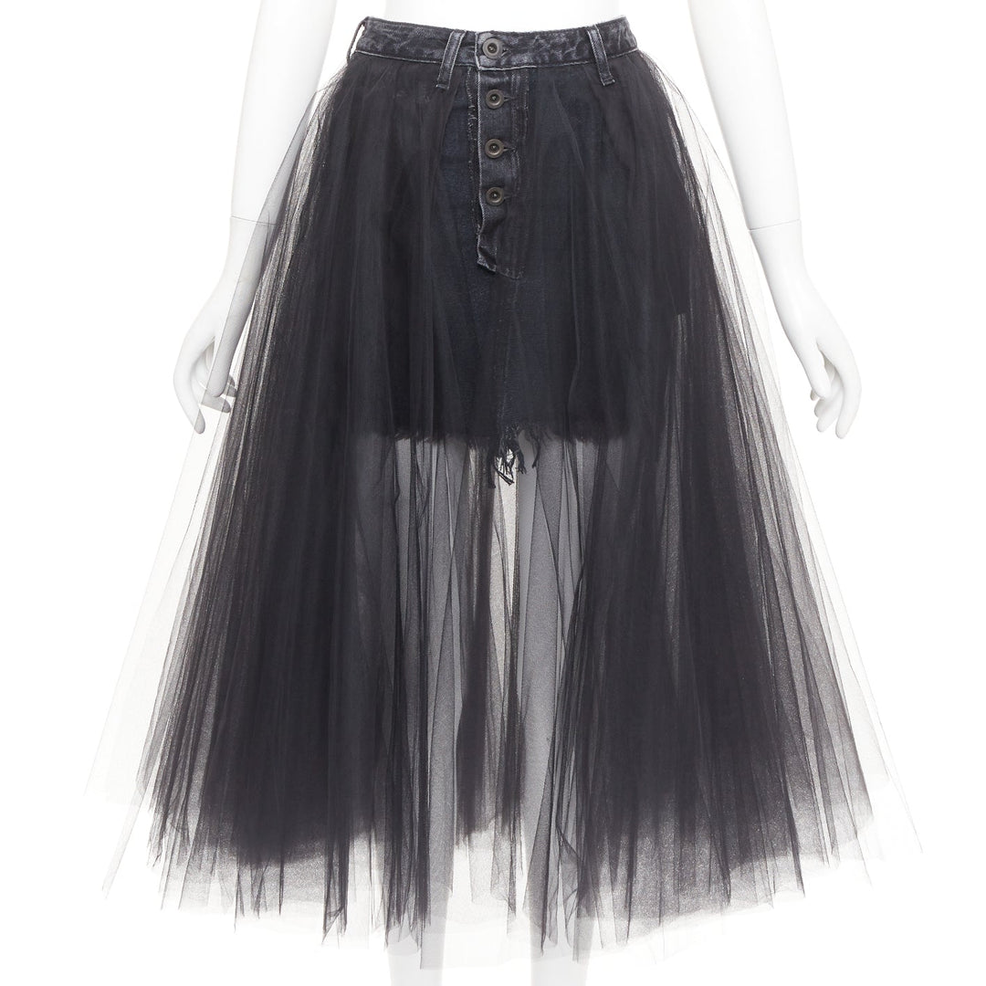 UNRAVEL PROJECT Ben Taverniti black denim tulle layered midi tutu skirt 25"
