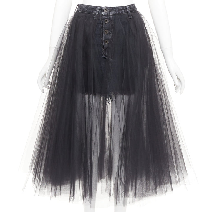 UNRAVEL PROJECT Ben Taverniti black denim tulle layered midi tutu skirt 25"